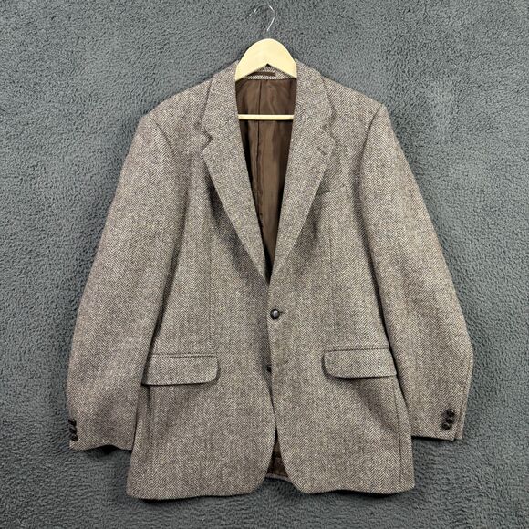 Vtg Harris Tweed Blazer Mens 40L Brown Notch Lapel Herringbone Wool Made in UK - Picture 1 of 14